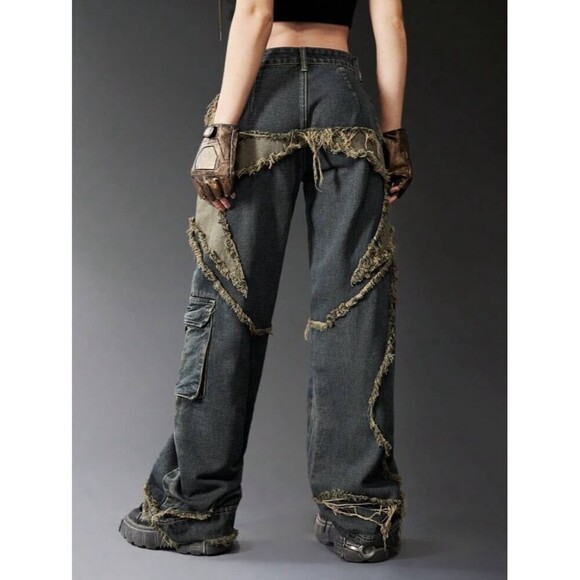 Romwe Punk Star Pattern Raw Trim Flap Pocket Cargo Boyfriend Jeans Denim Small - Picture 2 of 9